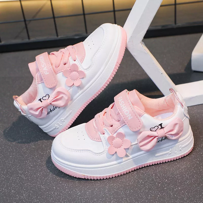 Kids Girl Casual Sneakers with Bowknot | Lightweight PU Shoes | Anti-Slip Rubber Sole | Fashion Baby Outdoor Shoes