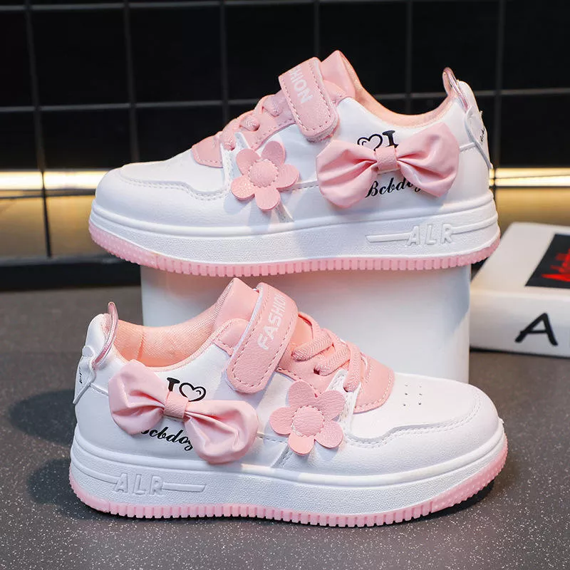 Kids Girl Casual Sneakers with Bowknot | Lightweight PU Shoes | Anti-Slip Rubber Sole | Fashion Baby Outdoor Shoes