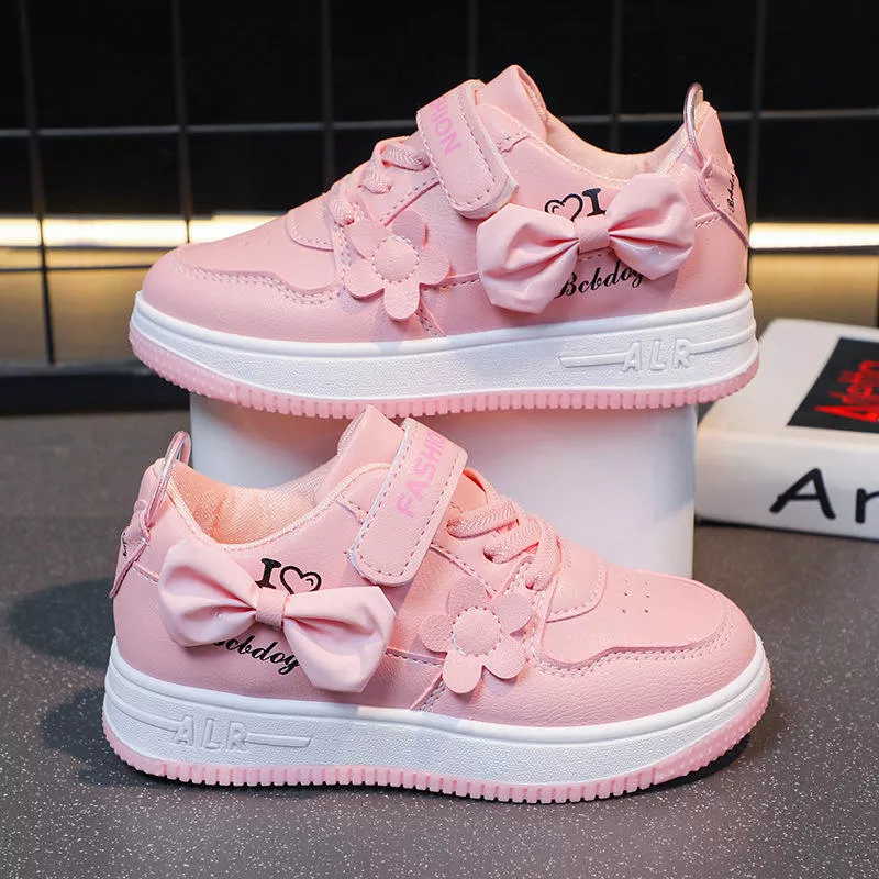 Kids Girl Casual Sneakers with Bowknot | Lightweight PU Shoes | Anti-Slip Rubber Sole | Fashion Baby Outdoor Shoes